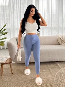 SHEIN SXY 女士休闲保暖牛仔效果打底裤，秋季，健身服，瑜伽裤，蓝色女士裤装 - 藍色 - 查看 6