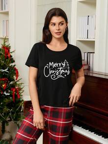 CoupledUp Doze Lane Weihnachts Buchstaben Muster Kurzarm-Top und karierte Hose Damen Lässig Pyjama Set - Schwarz - Übersicht 3