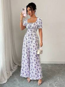 Rafferiza 女士优雅度假束腰花卉印花连体裤花卉紫色花卉连体裤夏季夏季花卉连体裤 - 紫色 - 查看 5