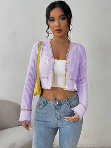 Women's Elegant Contrast Trim Cropped Cardigan - Mauve Purple - View 5
