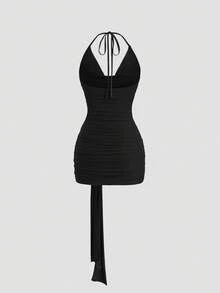 Sweetra Y2K Sexy Turtleneck Metal Buckle Pleated Backless Halter Dress - Black - View 2