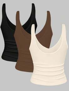 Resyla 2pcs/Set Fitted Short Leopard Print & Solid Color V-Neck Camisole For Women, Summer - Multicolor - View 2