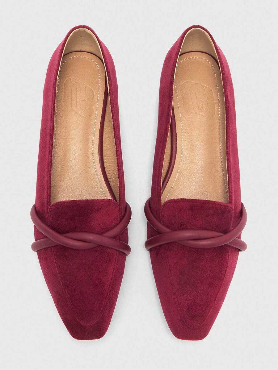 CUCCOO BIZCHIC Sepatu loafer wanita model retro yang nyaman, ujung persegi, warna merah tua, dengan tali silang dan sol lembut, cocok untuk perjalanan sehari-hari dan pakaian kantor. - Burgundy - View 1