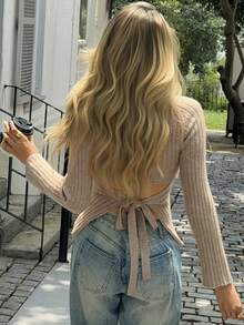 Livesso 女式圆领收腰长袖毛衣，秋季 - 卡其色 - 查看 1