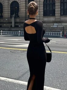 DAZY Women's Autumn Halter Neck Fitted Hollow Out Long Dress Maxi Dress - Black - View 2