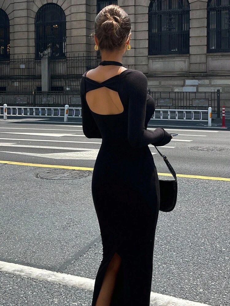 Women's Autumn Halter Neck Fitted Hollow Out Long Dress Maxi Dress
