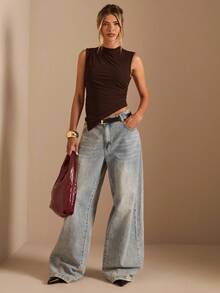 SHEIN BAE Áo ba lỗ cổ đứng xếp ly viền bất đối xứng màu trơn dành cho nữ - Cà phê nâu - Xem 3