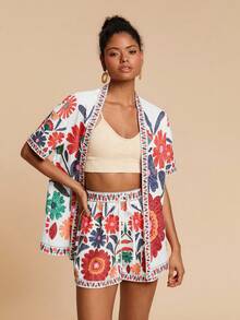 Travachic 2 件套女士度假宽松梭织短袖衬衫和高腰宽松短裤 - 白色 - 查看 1