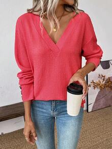 SHEIN LUNE 女式休闲纯色V领长袖上衣 - 紅色 - 查看 6