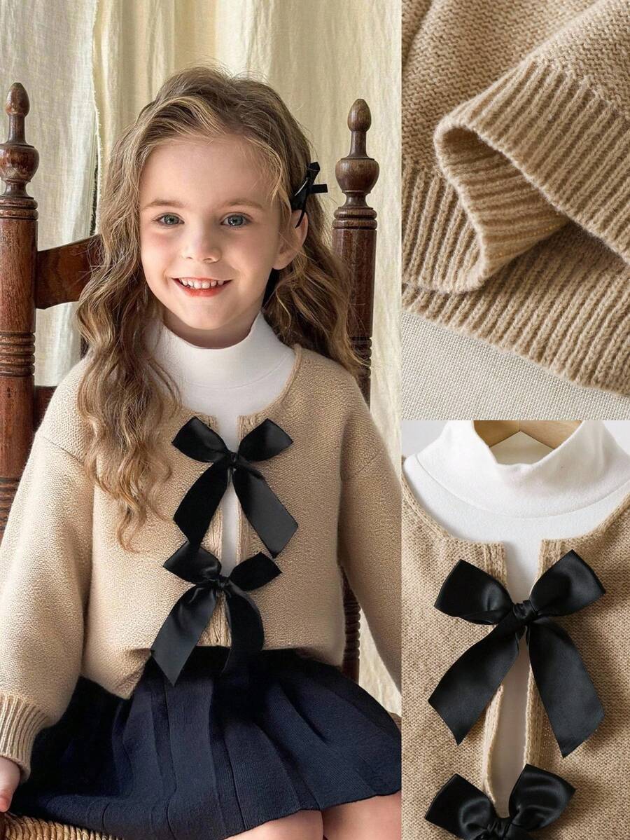 LMoss Kids 少女基本款长袖蝴蝶结开衫，宽松版型 - 卡其色 - 查看 1