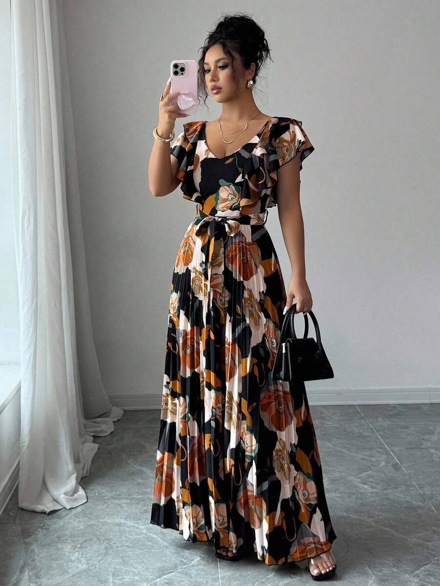 Elenzga Halloween V-Neck Digital Print Vacation Style Ruffle Waist A-Line Elegant Romantic Women Dress
