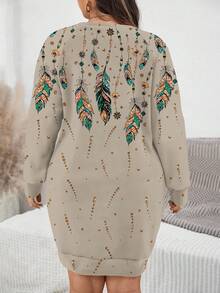 EMERY ROSE Vintage Gold Feather Print Casual Minimalist Plus Size Sweatshirt, Suitable For Parties, Fall/Winter - Multicolor - View 2