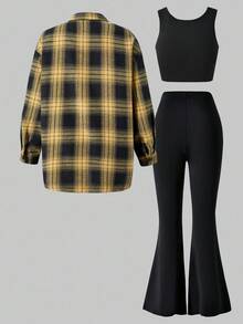 Teen Girl Casual Daily Graphic Button-Up Shirt, Camisole, And Flare Pants Set - Multicolor - View 8