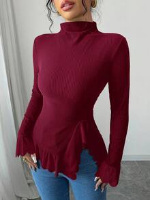 Elenzga Women's Solid Color Stand Collar Long Sleeve Ruffle Hem Ribbed T-Shirt, Christmas - Burgundy - View 3