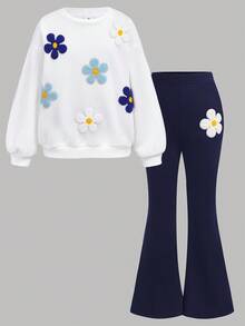 Girlism Tween Girls 外套套装 2 件套 Tween Girls 休闲花卉贴花连帽衫和运动裤套装，秋冬 - 藍白色 - 查看 10