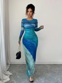 Rafferiza Đầm Maxi Cổ Tròn Tay Dài In Họa Tiết Ombre Cho Nữ - Nhiều màu - Xem 5