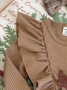 SHEIN 1件女婴格子驯鹿圣诞连体衣，圆领荷叶袖长袖动物鹿刺绣连体衣，配发带，韩版休闲抓绒保暖，适合日常外出或圣诞新年穿着，秋冬新款 - 卡其色 - 查看 4