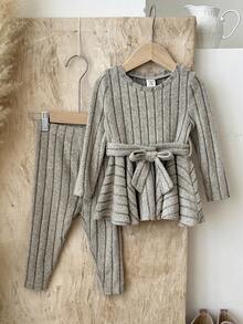 LMoss Kids LMoss 2pcs Baby Girl Knit Set Solid Color Crew Neck T-Shirt And Leggings Grey Autumn Casual Outfit,Matching Family Winter Clothes For Fall Ensemble - Apricot - View 3