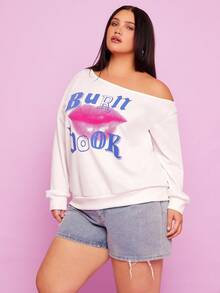 Mean Girls | SHEIN Plus Size Women Casual Lip & Letter Print Asymmetrical Neck Loose Pullover Sweatshirt, Fashion Street Style, Spring/Autumn - White - View 4