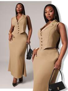 SHEIN SXY 大码女装秋冬性感优雅卡其色无袖背心套装搭配鱼尾裙，适合性感迷人的职场女性、舞会、情人节、邮轮旅行、通勤、商务场合、复古风、派对、度假、外出、老钱风、层次感丰富的穿搭、约会之夜、聚会、极简主义、生日、正式活动、辣妹风、伊比沙岛风、纳什维尔风、休闲风、端庄风、时尚风、休闲风、购物、街头风、外出等各种场合，凸显身材，修饰身形。 - 卡其色 - 查看 1