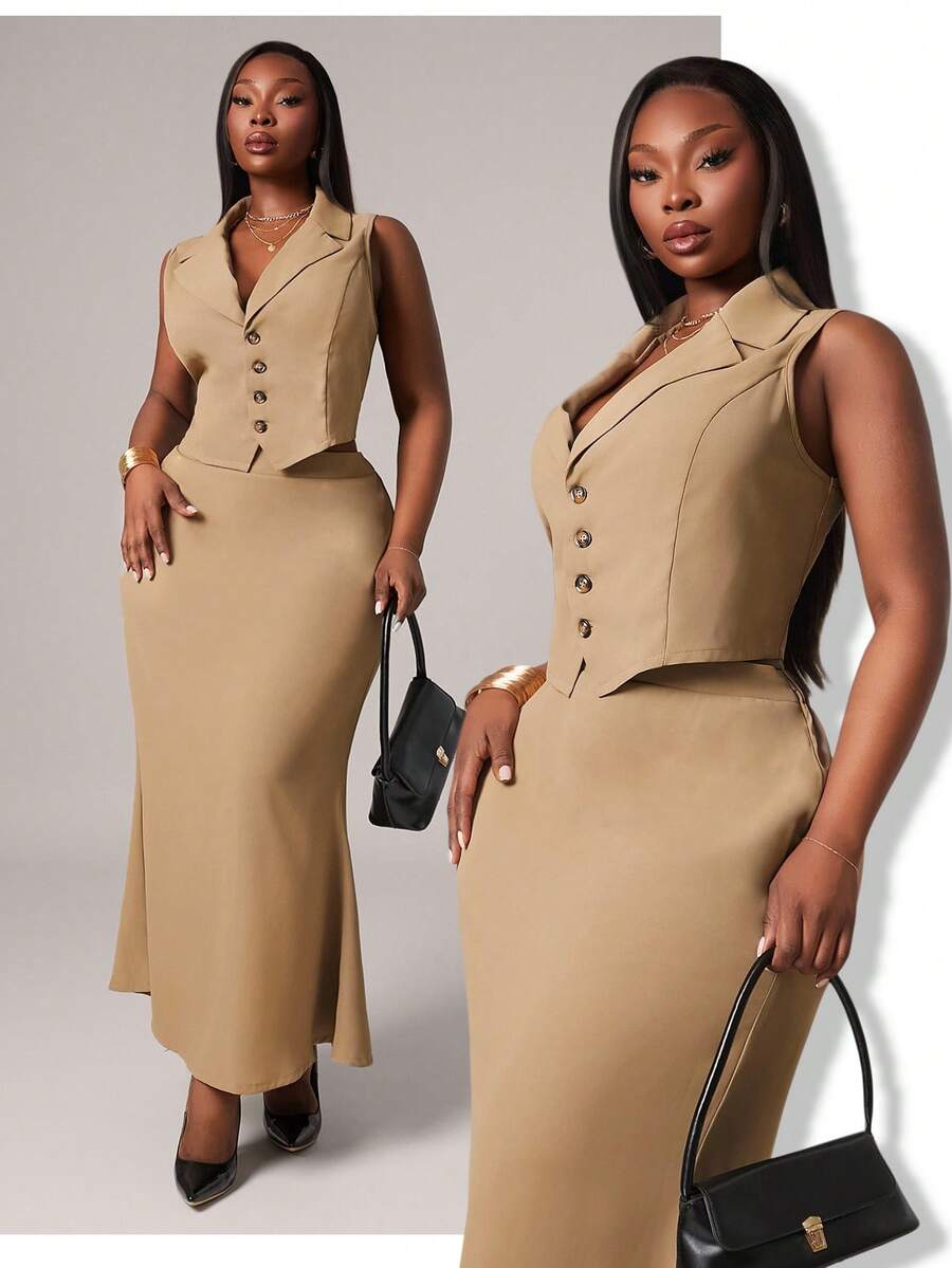 SHEIN SXY 大码女装秋冬性感优雅卡其色无袖背心套装搭配鱼尾裙，适合性感迷人的职场女性、舞会、情人节、邮轮旅行、通勤、商务场合、复古风、派对、度假、外出、老钱风、层次感丰富的穿搭、约会之夜、聚会、极简主义、生日、正式活动、辣妹风、伊比沙岛风、纳什维尔风、休闲风、端庄风、时尚风、休闲风、购物、街头风、外出等各种场合，凸显身材，修饰身形。 - 卡其色 - 查看 1