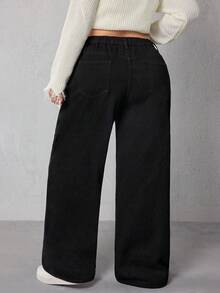 Flexra Plus Size Women's Pocketed Thermal Lined Loose Fit Wide Leg Casual Jeans - Black - View 2