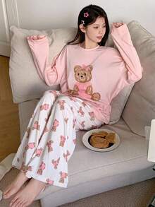 DAZY Cute Bear Print Loose Pajama Set, Fall Winter Clothes - Baby Pink - View 4