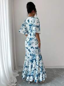 Selianne 肘长荷叶边下摆交叉V领春夏度假扎染花卉法式优雅修身鱼尾腰显瘦复古奢华女士百搭长裙