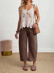 SHEIN PETITE Women's Casual Wide Leg Straight Button Pocket Jeans - Brown - View 6