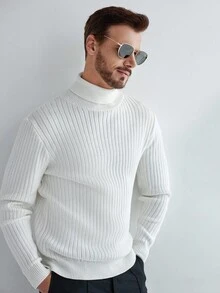 Manfinity CityGents European & American Blogger Style 3D Ribbed Solid Color Casual Slim Fit Sweater, White Turtle Neck Sweater, Fall Winter - White - View 3