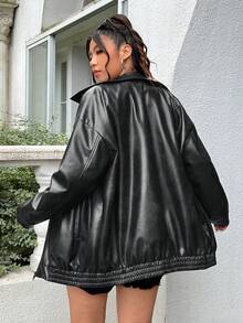 SHEIN EZwear Plus Size Distressed PU Leather Loose Fit Jacket, For Winter Fall Autumn