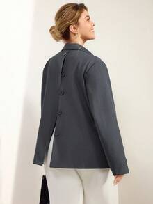 Momelise Áo khoác Blazer nữ màu xám thường ngày có thể tháo rời có chi tiết ve áo - Xám - Xem 8