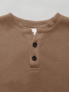 SHEIN Boys' Solid Color Half-Zip Polo Long Sleeve T-Shirt - Khaki - View 3