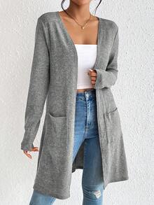 SHEIN Essnce 女士优雅常规针织开衫，夏季女士开衫，灰色上衣，时尚女装，开襟上衣，秋冬女装 - 淺灰色 - 查看 3