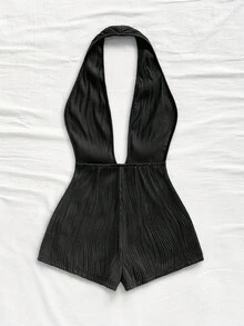 Soleia Women's Vacation White Knit Textured Wavy Pattern Deep V Neck Backless Sexy Bodysuit, Fashionable Fitted For Party, Date, Afternoon Tea, Boho Vacation, Beach, Summer Outfit - Black - View 2