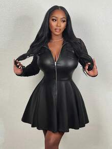 Slaydiva Elegant Black Front Zipper Lace Patchwork PU A-Line Long Sleeve Dress,Graduation Dress - Black - View 4