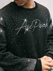 AXEPEAK Men's Fashion Rhinestone Embellished Sweatshirt And Sweatpants Clothes Set, For Fall Winter - Black - View 6