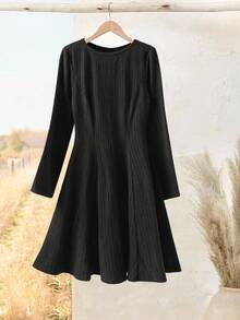 Rusticease 女式纯色圆领长袖罗纹休闲连衣裙，秋季 - 黑色 - 查看 7