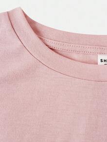 SHEIN 少女简约字母印花圆领短袖针织家居服套装 2 件套 - 淺粉色 - 查看 4