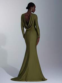 Elitara 优雅、浪漫、性感、时尚、灰绿色、针织弹力面料、鱼尾下摆、拖尾、影响者、节日、度假、生日派对、婚礼活动、伴娘礼服 - 綠色 - 查看 2