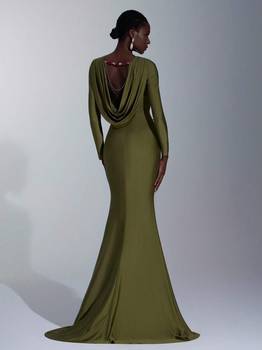 Elitara 优雅、浪漫、性感、时尚、灰绿色、针织弹力面料、鱼尾下摆、拖尾、影响者、节日、度假、生日派对、婚礼活动、伴娘礼服