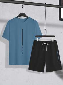 Manfinity Homme Conjunto de camiseta de manga corta con estampado de letras y pantalones cortos con bolsillo para hombres talla grande - Multicolor - Ver 2