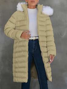 EURMUSE Petite Fuzzy Trim Hooded Slant Pocket Fleece Lined Padded Coat - Beige - View 6