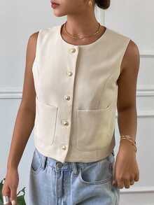 Livesso Chaqueta ajustada sin mangas de cuello redondo de unicolor para mujer, primavera/verano - Albaricoque - Ver 6