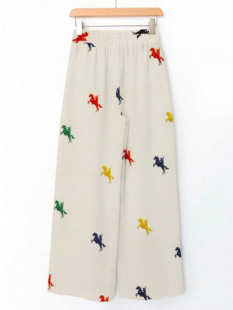 White Cropped Wide-Leg Pants With Colorful Figure Details For Women Fall Clothes Winter Clothes