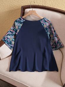 EMERY ROSE 加大碼女士圓領拼接襉袖夏季長袖襯衫 - 藏蓝色 - 查看 2