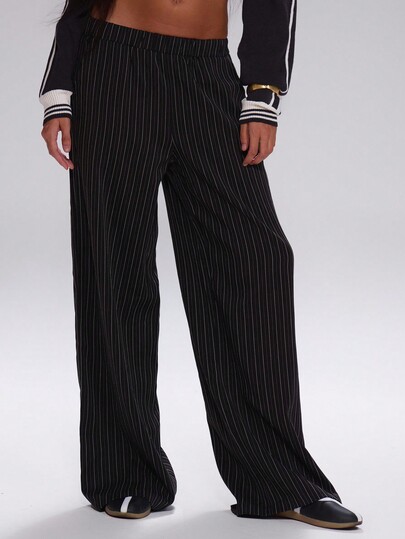 MUSERA Pantalones de pierna ancha a media cintura con raya de tiza, lindos, de otoño, para volver al colegio, casuales, de trabajo, de calle, deportivos, de oficina, elegantes de invierno