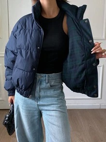 DAZY 女士双面格子绗缝外套，适合秋冬季节穿着，Y2K风格 - 棕色 - 查看 13