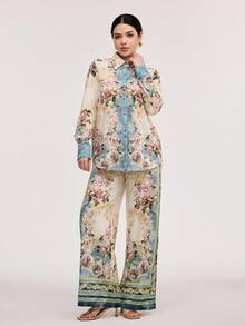 Veilorie 2pcs/Set Women Floral Print Long Sleeve Button Up Shirt And Wide Leg Pants Vacation Set 2 Pieces Set - Blue - View 4