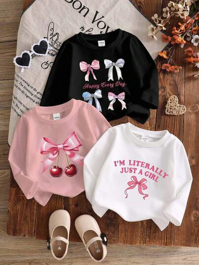 SHEIN 3 件套女婴休闲可爱蝴蝶结和字母针织圆领长袖套头 T 恤，婴幼儿女童基本款 T 恤，儿童服装，婴幼儿服装，舒适简约，蝴蝶结装饰，樱桃蝴蝶结元素，适合春秋冬季，6 个月至 3 岁